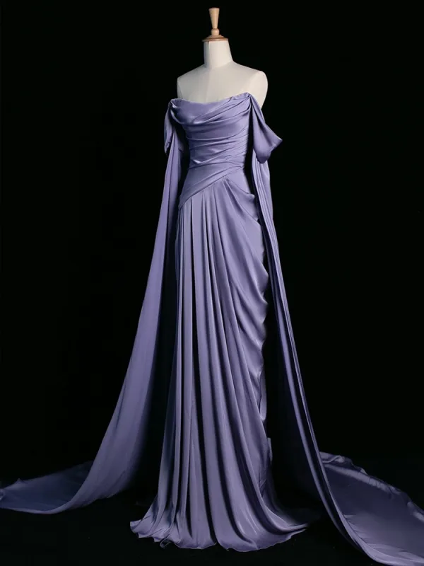 Sexy Lavender Satin Evening Dresses Prom Dresses 2024 Trumpet / Mermaid Off-The-Shoulder Sleeveless Backless Sweep Train Formal Dresses