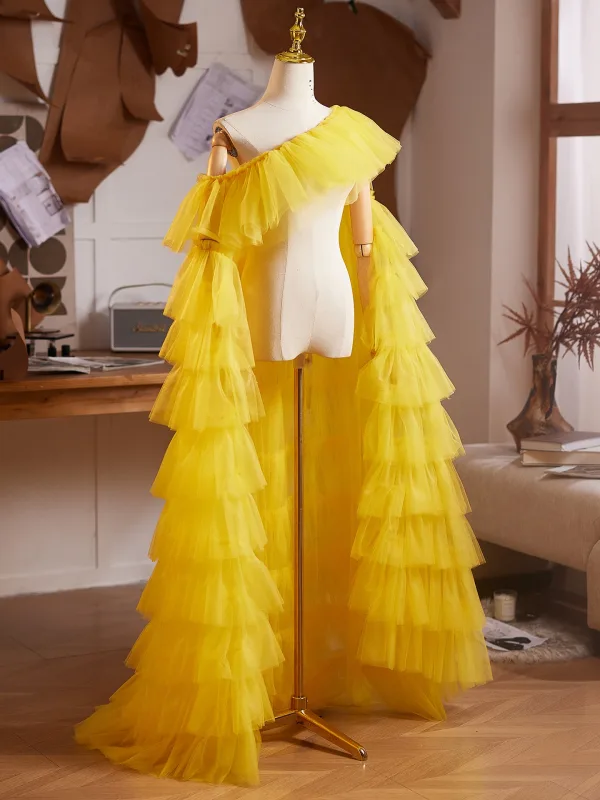 Fashion Yellow Cascading Ruffles Prom shawl 2025 Tulle