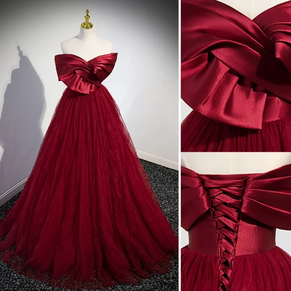 Chic / Beautiful Burgundy Prom Dresses 2023 A-Line / Princess Bow Off-The-Shoulder Short Sleeve Backless Floor-Length / Long Prom Formal Dresses