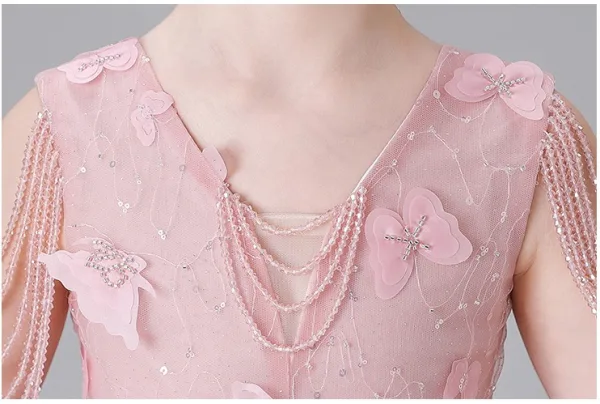 Chic / Beautiful Blushing Pink Beading Sequins Butterfly Appliques Birthday Flower Girl Dresses 2025 Ball Gown V-Neck Sleeveless Floor-Length / Long