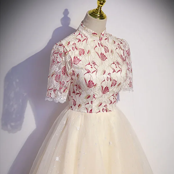 Vintage / Retro Chinese style Champagne Prom Dresses 2022 A-Line / Princess High Neck Star Sequins Lace Flower Short Sleeve Backless Floor-Length / Long Prom Formal Dresses