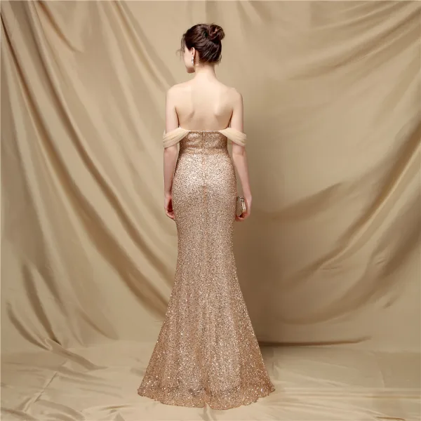 Charming Gold Sequins Evening Dresses 2022 Trumpet / Mermaid Off-The-Shoulder Sleeveless Backless Floor-Length / Long Evening Party Formal Dresses
