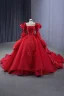 Vintage / Retro High-end Red Beading Lace Flower Appliques Cascading Ruffles Wedding Dresses 2024 Ball Gown Scoop Neck 3/4 Sleeve Backless Chapel Train