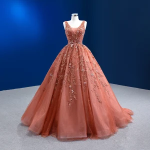 High End Orange Perlenstickerei Pailletten Ballkleider 2022 Ballkleid V Ausschnitt Ärmellos Rückenfreies Sweep Pinsel Zug Ball Festliche Kleider