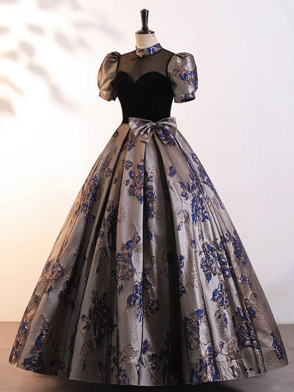 Vintage / Retro Black Printing Bow Prom Dresses 2025 Ball Gown High Neck Puffy Short Sleeve Backless Floor-Length / Long Prom Formal Dresses