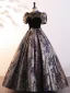 Vintage / Retro Black Printing Bow Prom Dresses 2025 Ball Gown High Neck Puffy Short Sleeve Backless Floor-Length / Long Prom Formal Dresses