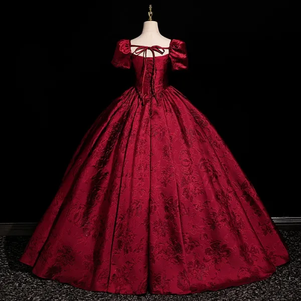 Elegant Burgundy Printing Prom Dresses 2025 Ball Gown Square Neckline Short Sleeve Backless Floor-Length / Long Prom Formal Dresses
