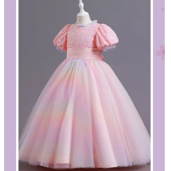 Chic / Belle Bleu Ciel Paillettes Anniversaire Robe Ceremonie Fille 2023 Robe Boule Col Haut Manches Courtes Noeud Longue Robe Ceremonie Fille