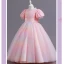 Chic / Belle Bleu Ciel Paillettes Anniversaire Robe Ceremonie Fille 2023 Robe Boule Col Haut Manches Courtes Noeud Longue Robe Ceremonie Fille