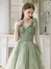 Charming Sage Green Homecoming Lace Flower Graduation Dresses Prom Dresses Cocktail Dresses 2023 A-Line / Princess Off-The-Shoulder Sleeveless Backless Asymmetrical Formal Dresses