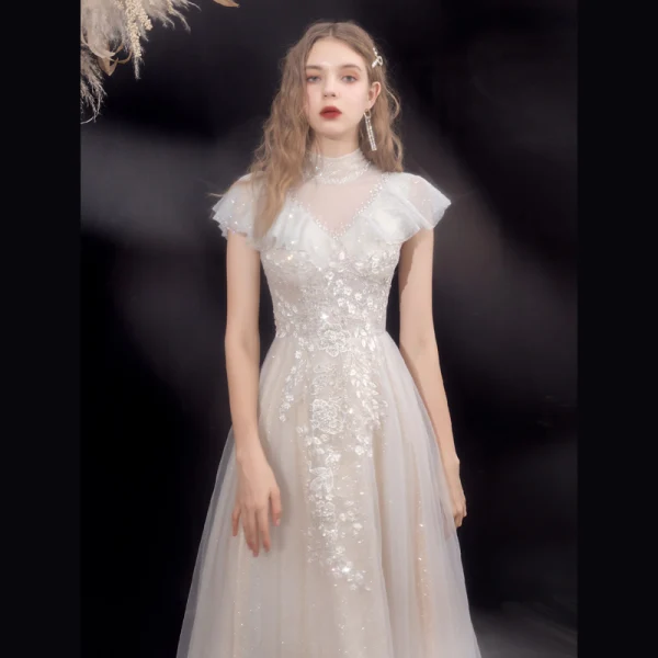 Chic / Beautiful Champagne Beading Sequins Prom Dresses 2022 A-Line / Princess High Neck Short Sleeve Backless Floor-Length / Long Prom Formal Dresses