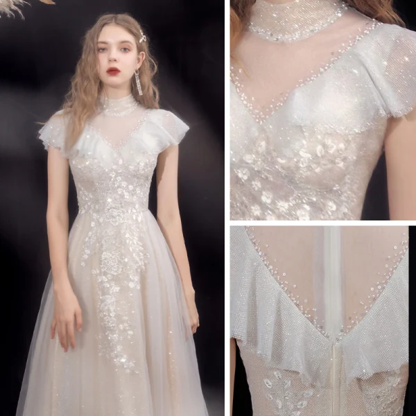 Chic / Beautiful Champagne Beading Sequins Prom Dresses 2022 A-Line / Princess High Neck Short Sleeve Backless Floor-Length / Long Prom Formal Dresses