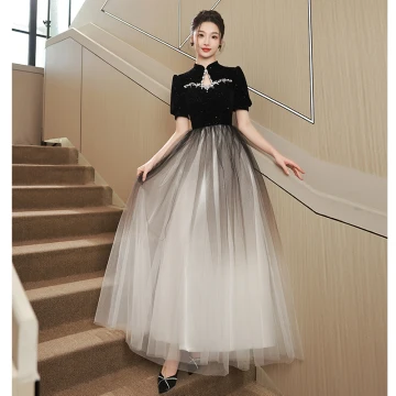 Style Chinois Noire Faux Diamant Paillettes Robe De Bal 2023 Princesse Col Haut Manches Courtes Longue Robe De Ceremonie