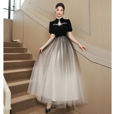 Chinesischer Stil Schwarz Strass Pailletten Ballkleider 2023 A Linie Stehkragen Kurze Ärmel Lange Festliche Kleider