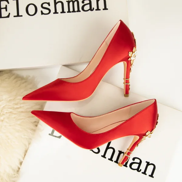 Fashion White Satin Prom Pumps 2022 Metal Flower Rhinestone 10 cm Stiletto Heels Pointed Toe Pumps High Heels