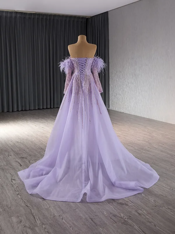 Haut de Gamme Lavande Fait main Perlage Faux Diamant Paillettes Robe De Bal 2024 Trompette / Sirène De l'épaule Gland 1/2 Manches Dos Nu Train De Balayage Promo
