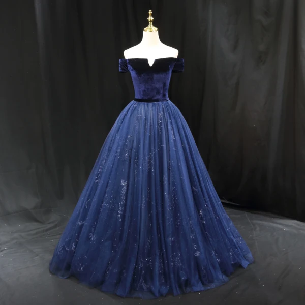 Vintage / Retro Navy Blue Sequins Prom Dresses 2023 Ball Gown Off-The-Shoulder Sleeveless Backless Floor-Length / Long Prom Formal Dresses