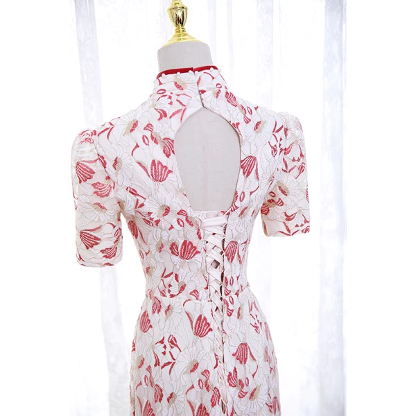 Charming Lace Flower White Cheongsam 2022 Trumpet / Mermaid High Neck Short Sleeve Backless Split Front Floor-Length / Long Evening Party Cheongsam / Qipao