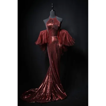 Sparkly Burgundy Beading Sequins Evening Dresses 2024 Trumpet Mermaid Halter Short Sleeve Backless Sweep Train Evening Party Formal Dresses