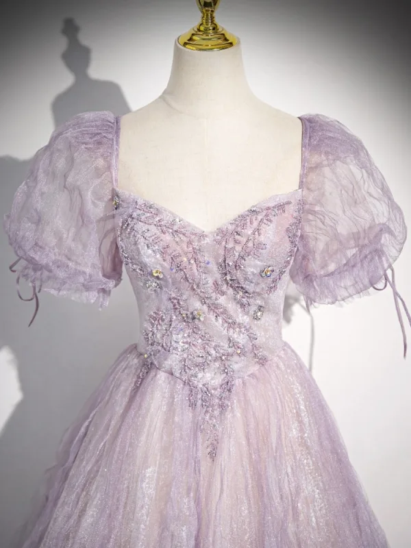 Elegant Lavender Beading Prom Dresses 2024 Ball Gown Square Neckline Puffy Short Sleeve Backless Bow Floor-Length / Long Prom Formal Dresses