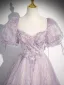 Elegant Lavender Beading Prom Dresses 2024 Ball Gown Square Neckline Puffy Short Sleeve Backless Bow Floor-Length / Long Prom Formal Dresses