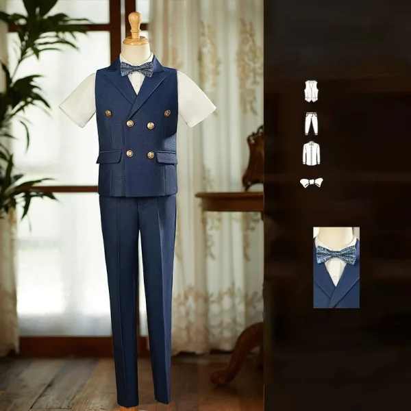 Bleu Marine 4 pièces Manches Courtes Costume Garçon Mariage 2025 Pantalon Chemise Cravate Gilet