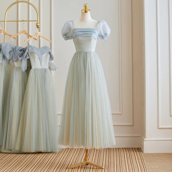 Modest / Simple Grey Bridesmaid Dresses 2023 A-Line / Princess Spaghetti Straps Bow Short Sleeve Backless Floor-Length / Long Bridesmaid Dresses
