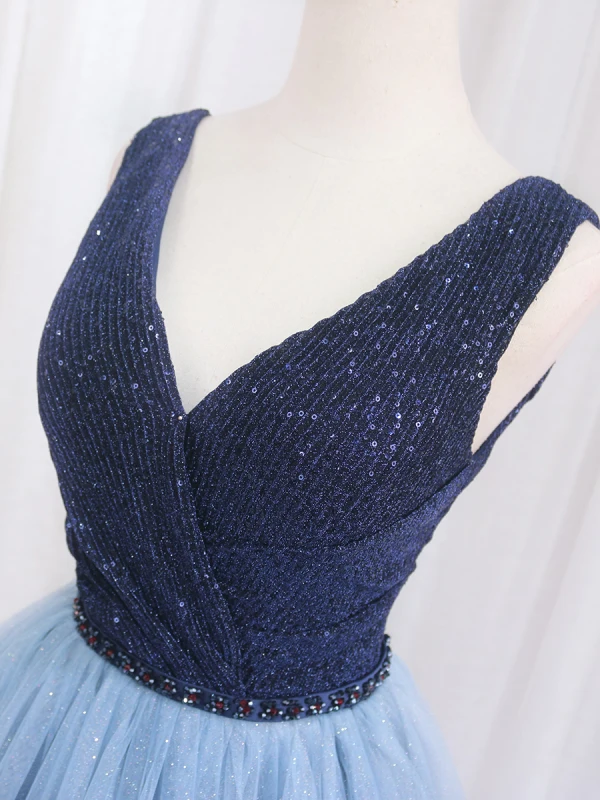 Vintage / Retro Navy Blue Beading Sequins Prom Dresses 2024 Ball Gown V-Neck Sleeveless Backless Floor-Length / Long Prom Formal Dresses