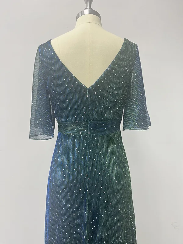 Bling Bling Vert Foncé Perlage Paillettes Robe De Soirée 2024 Princesse V-Cou Manches Courtes Dos Nu Longue Promo Robe De Ceremonie