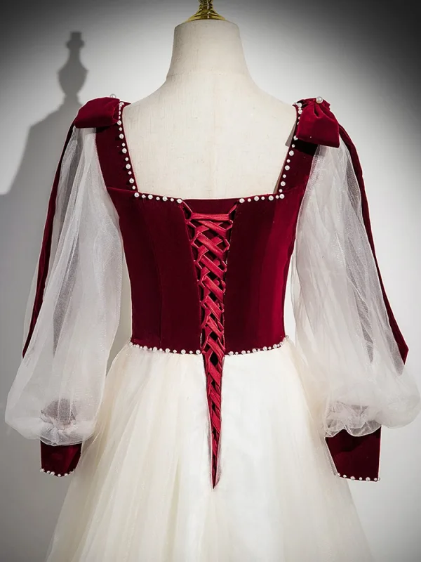 Élégant Bordeaux Paillettes Perle Robe De Bal 2025 Encolure Carrée Manches Longues Dos Nu Longue Promo Robe De Ceremonie