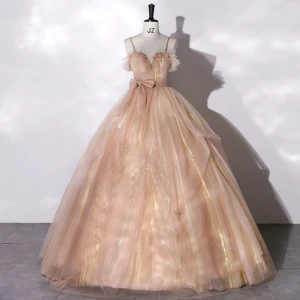 Charming Champagne Prom Dresses 2022 Ball Gown Spaghetti Straps Sleeveless Backless Bow Sash Floor Length Long Formal Dresses