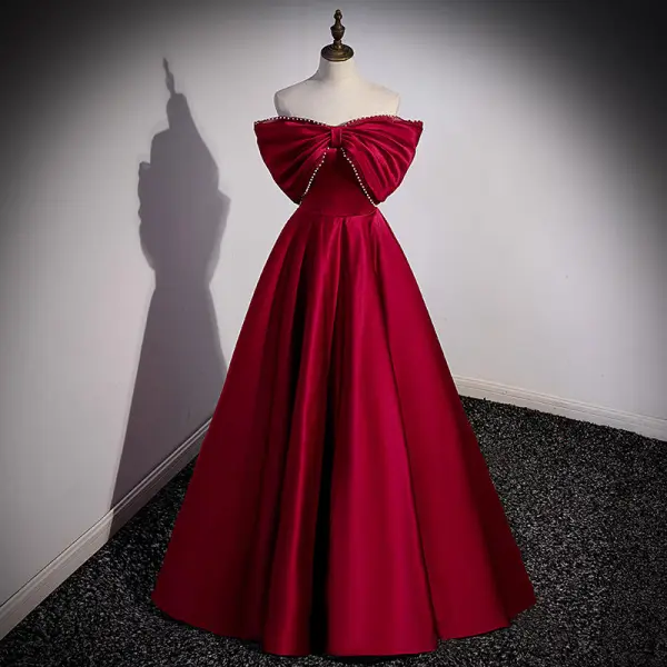 Burgundy Ball Gown Off The Shoulder Bow Prom Dress