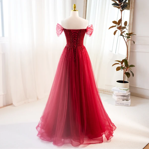 Charming Burgundy Beading Sequins Evening Dresses 2023 A-Line / Princess Off-The-Shoulder Short Sleeve Backless Floor-Length / Long Evening Party Formal Dresses