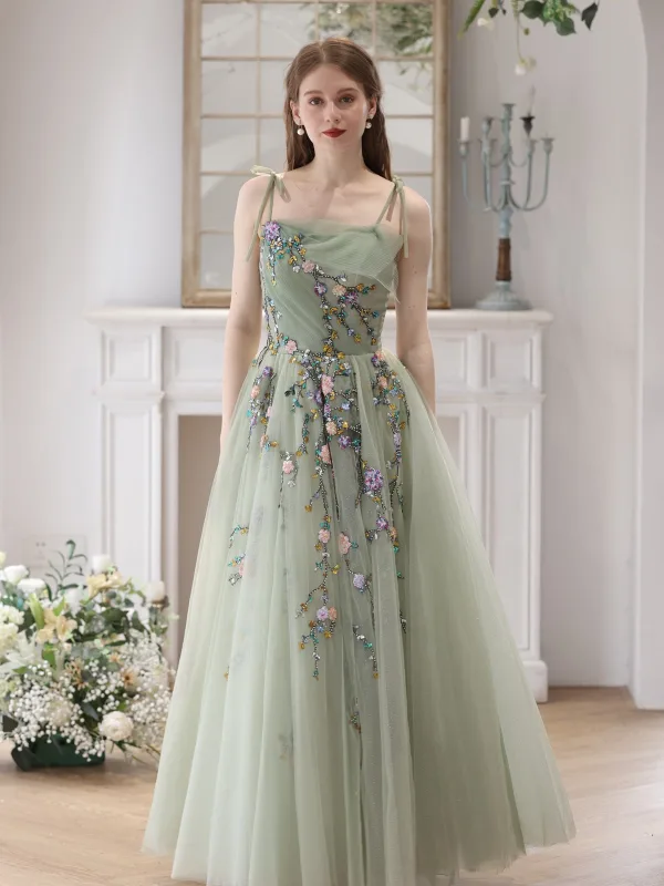 Chic / Beautiful Sage Green Beading Lace Flower Prom Dresses 2024 A-Line / Princess Spaghetti Straps Sleeveless Backless Floor-Length / Long Prom Formal Dresses