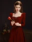 Elegant Burgundy Beading Rhinestone Prom Dresses 2023 A-Line / Princess Square Neckline 3/4 Sleeve Backless Bow Floor-Length / Long Prom Formal Dresses