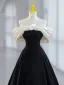 Elegant Black Velvet Homecoming Graduation Dresses 2023 A-Line / Princess Off-The-Shoulder Pearl Appliques Short Sleeve Backless Tea-length Formal Dresses
