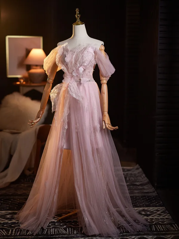 Schöne Rosa Perle Strass Pailletten Applikationen Gespaltete Front Ballkleider 2025 A Linie Off Shoulder Ärmellos Rückenfreies Lange Ball Festliche Kleider