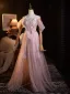 Schöne Rosa Perle Strass Pailletten Applikationen Gespaltete Front Ballkleider 2025 A Linie Off Shoulder Ärmellos Rückenfreies Lange Ball Festliche Kleider