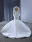 Luxus / Herrlich Weiß Glanz Handgefertigt Perlenstickerei Perle Pailletten Brautkleider / Hochzeitskleider 2024 Meerjungfrau Stehkragen Lange Ärmel Rückenfreies Hof-Schleppe Hochzeit