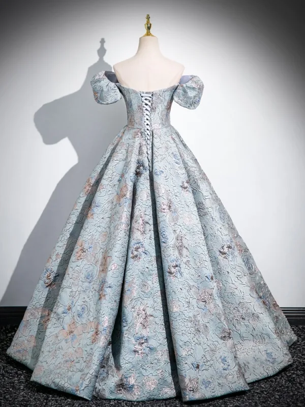 Vintage / Retro Sky Blue Printing Prom Dresses 2024 Ball Gown Square Neckline Puffy Short Sleeve Backless Floor-Length / Long Prom Formal Dresses