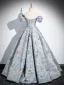 Vintage / Retro Sky Blue Printing Prom Dresses 2024 Ball Gown Square Neckline Puffy Short Sleeve Backless Floor-Length / Long Prom Formal Dresses