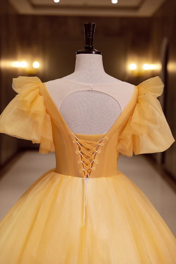 Elegant Yellow Prom Dresses 2022 Ball Gown Scoop Neck Puffy Short Sleeve Beading Pearl Sequins Backless Floor-Length / Long Prom Formal Dresses