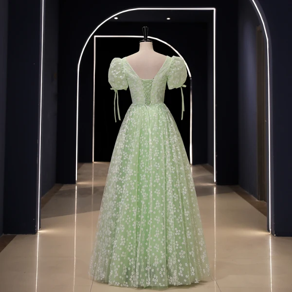 Chic / Beautiful Sage Green Floral Outdoor / Garden Prom Dresses 2023 A-Line / Princess Scoop Neck Short Sleeve Backless Floor-Length / Long Prom Formal Dresses