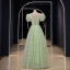 Chic / Beautiful Sage Green Floral Outdoor / Garden Prom Dresses 2023 A-Line / Princess Scoop Neck Short Sleeve Backless Floor-Length / Long Prom Formal Dresses