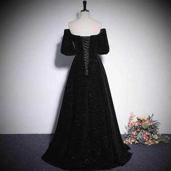Audrey Hepburn Style Black Sequins Velvet Evening Dresses 2023 Off-The-Shoulder A-Line / Princess Short Sleeve Backless Floor-Length / Long Evening Party Formal Dresses
