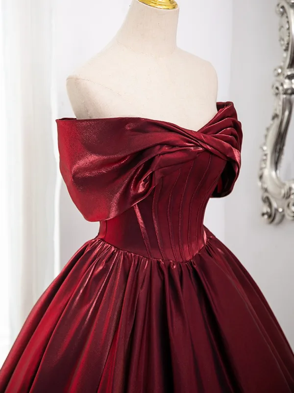 Chic / Beautiful Burgundy Satin Prom Dresses 2024 Ball Gown Off-The-Shoulder Sleeveless Backless Floor-Length / Long Prom Formal Dresses