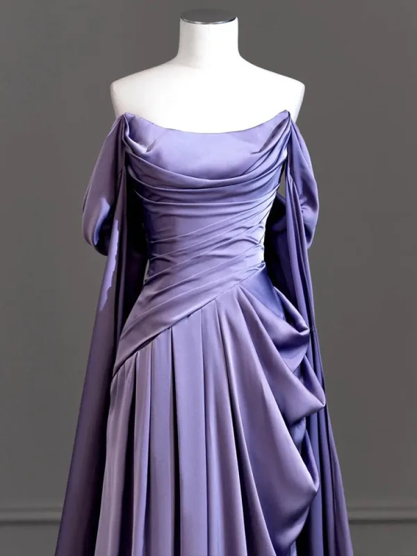 Sexy Lavender Satin Evening Dresses Prom Dresses 2024 Trumpet / Mermaid Off-The-Shoulder Sleeveless Backless Sweep Train Formal Dresses