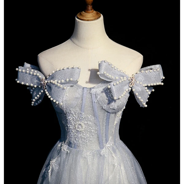 Charmant Bleu Ciel Glitter Paillettes Robe De Soirée 2023 Princesse Bustier Perle Noeud Sans Manches Dos Nu Longue Robe De Ceremonie