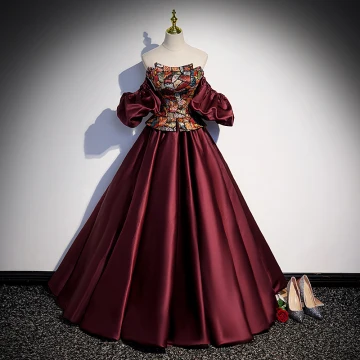 Vintage Originale Bordeaux Brodé Robe De Ceremonie 2022 Satin De L Épaule Gonflée Manches Courtes Dos Nu Longue Robe De Bal