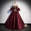 Vintage / Retro Burgundy Embroidered Formal Dresses 2022 Satin Off-The-Shoulder Puffy Short Sleeve Backless Floor-Length / Long Prom Dresses
